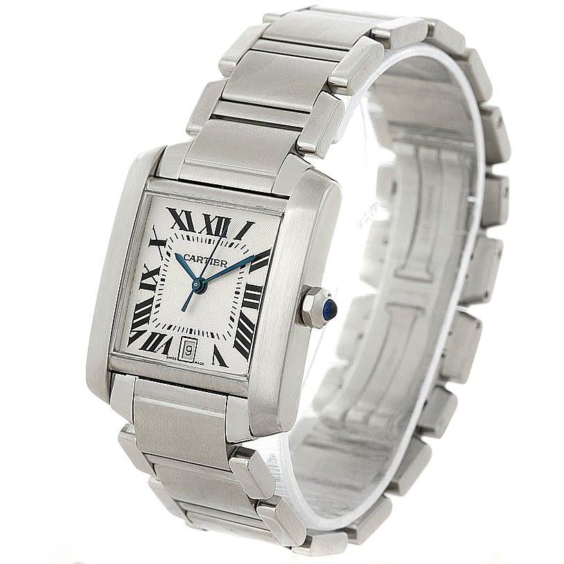 This image shows a Cartier Tank Française watch, angled to display the dial, case, bezel, and part of the bracelet.