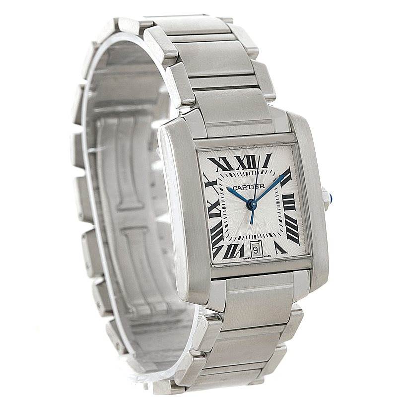 The Cartier Tank Francaise W51002Q3 Men's Stainless Steel Silver Dial W51002Q3 Men's Stainless Steel Silver Dial watch is shown at a slight side angle, displaying its face, bracelet, and clasp.