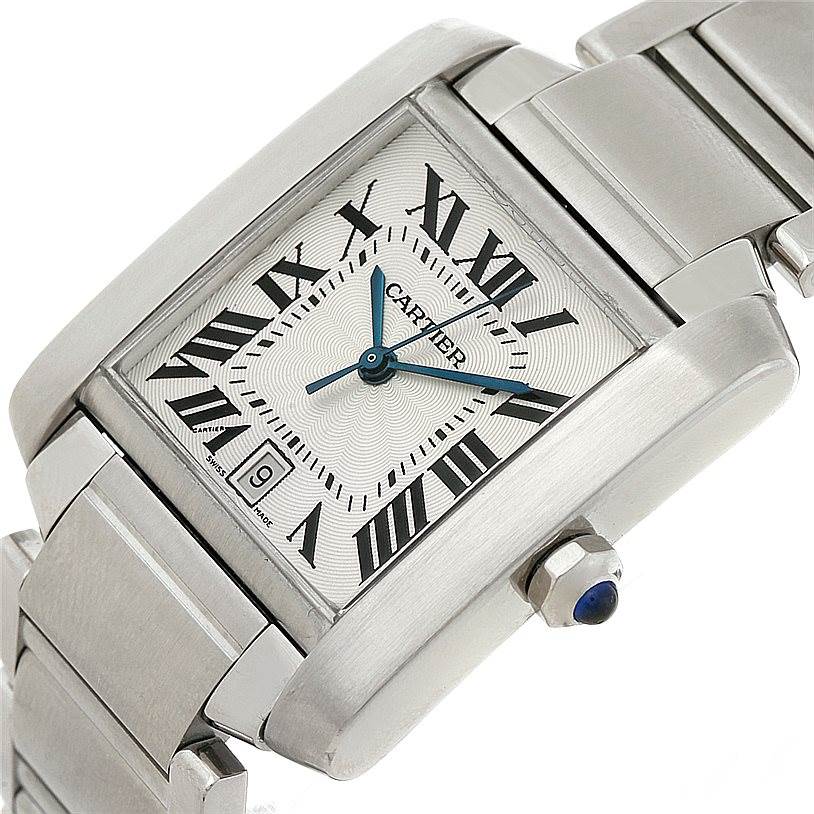 The image shows a close-up angle of the Cartier Tank Francaise W51002Q3 Men's Stainless Steel Silver Dial W51002Q3 Men's Stainless Steel Silver Dial watch, highlighting the face, crown, and part of the bracelet.