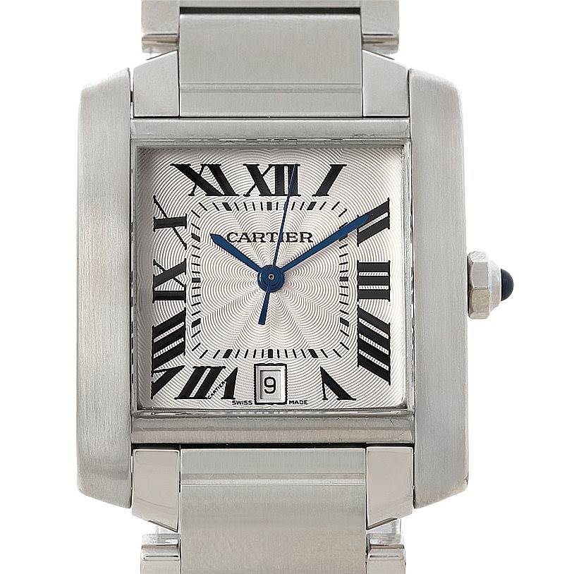The Cartier Tank Francaise W51002Q3 Men's Stainless Steel Silver Dial W51002Q3 Men's Stainless Steel Silver Dial watch is shown in a close-up, frontal angle highlighting its face, hands, and bracelet.