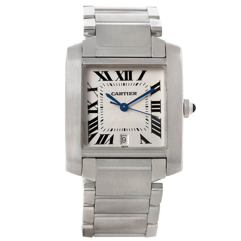 This Cartier Tank Francaise W51002Q3 Men
s Stainless Steel Silver Dial W51002Q3 Men
s Stainless Steel Silver Dial watch is shown from the front, displaying the face, crown, and bracelet.