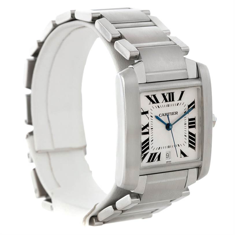 The image shows the Cartier Tank Française watch at a three-quarter angle, highlighting its face, bracelet, and side profile.