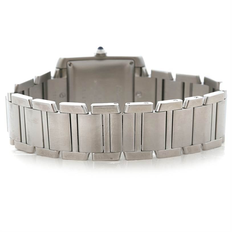 This image shows the rear view of the Cartier Tank Francaise W51002Q3 Men
s Stainless Steel Silver Dial W51002Q3 Men
s Stainless Steel Silver Dial watch, focusing on its metal bracelet and case back.