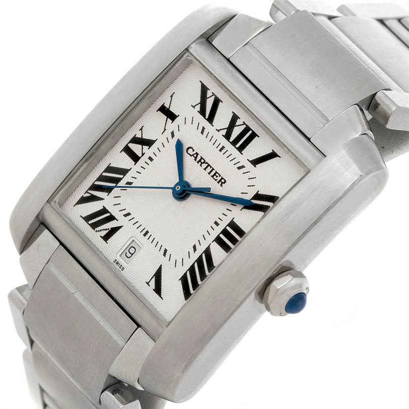The Cartier Tank Francaise W51002Q3 Men
s Stainless Steel Silver Dial W51002Q3 Men
s Stainless Steel Silver Dial watch is shown at an angled close-up, highlighting its face, crown, and part of the bracelet.