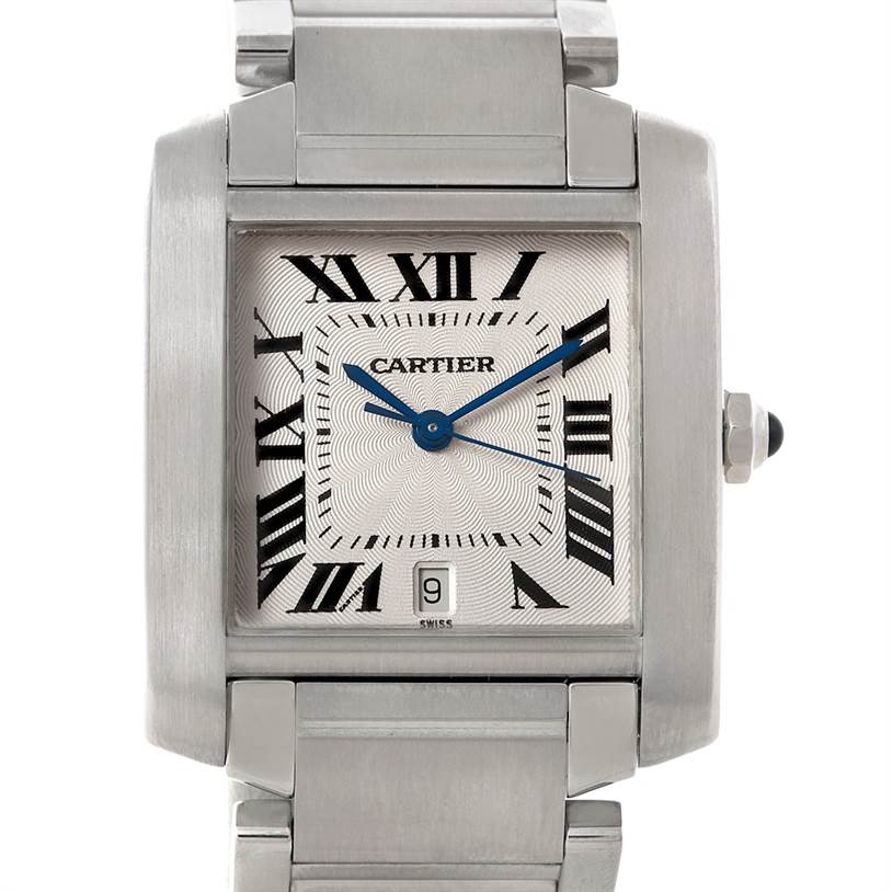 This image shows a close-up front view of a Cartier Tank Francaise W51002Q3 Men
s Stainless Steel Silver Dial W51002Q3 Men
s Stainless Steel Silver Dial watch, highlighting its face, Roman numeral markers, and metallic bracelet.