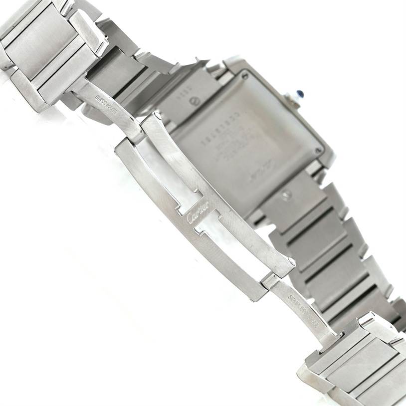 The image shows the back and clasp of a Cartier Tank Francaise W51002Q3 Men
s Stainless Steel Silver Dial W51002Q3 Men
s Stainless Steel Silver Dial watch at a sideways angle.