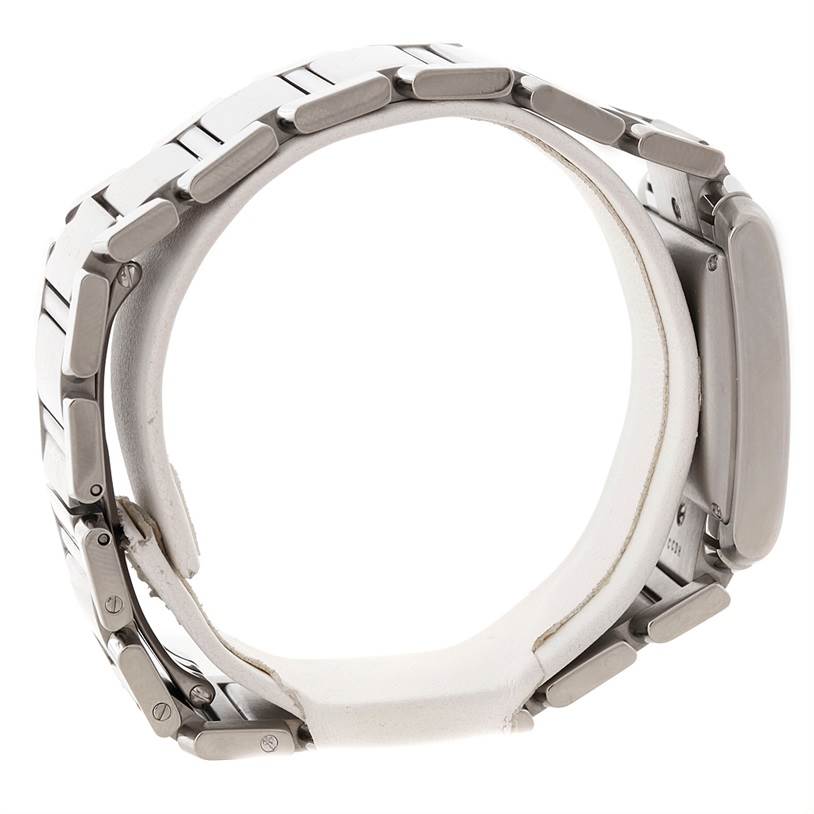 The image shows a side view of a Cartier Tank Francaise W51002Q3 Men
s Stainless Steel Silver Dial W51002Q3 Men
s Stainless Steel Silver Dial watch, focusing on its metal bracelet and clasp.