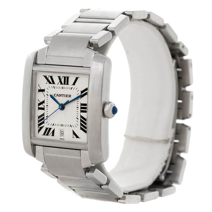 This image shows a side-front angle of the Cartier Tank Française watch, highlighting its face, bezel, and bracelet.
