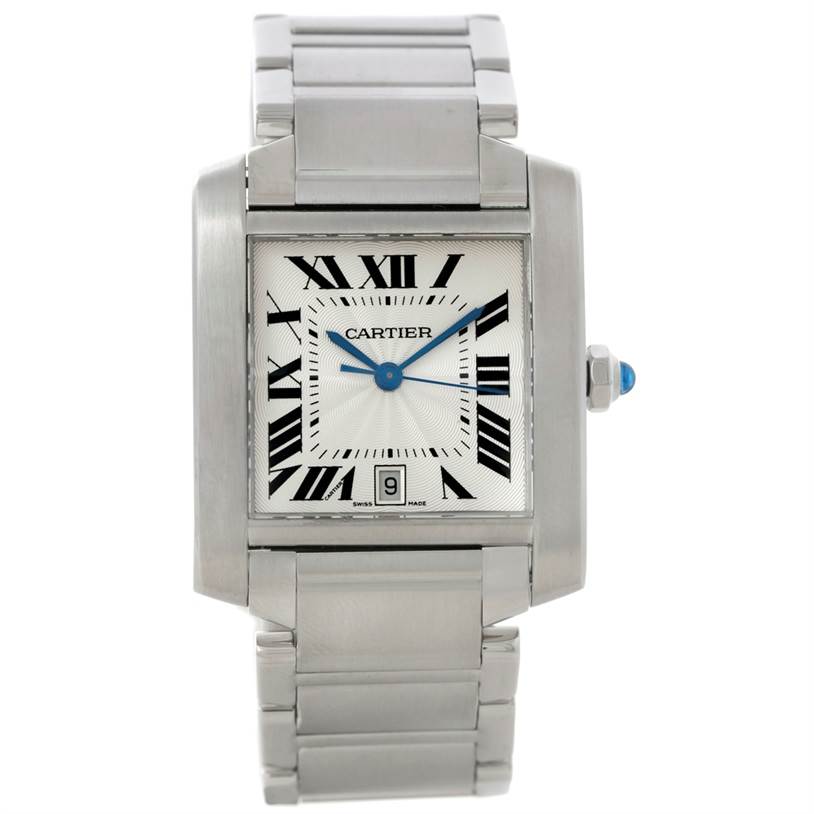 The Cartier Tank Française watch is shown from the front, displaying the face, Roman numerals, date window, and part of the metal bracelet.