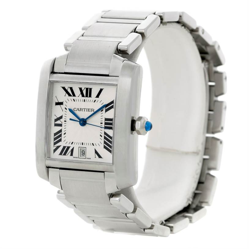 The Cartier Tank Francaise W51002Q3 Men's Stainless Steel Silver Dial W51002Q3 Men's Stainless Steel Silver Dial watch is shown at an angle highlighting its face, bracelet, and crown with a blue cabochon.