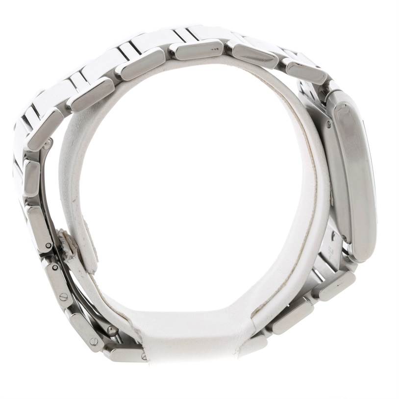 This side-angle image shows the bracelet and clasp of the Cartier Tank Francaise W51002Q3 Men's Stainless Steel Silver Dial W51002Q3 Men's Stainless Steel Silver Dial watch.