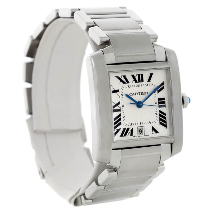 The image shows a Cartier Tank Francaise W51002Q3 Men's Stainless Steel Silver Dial W51002Q3 Men's Stainless Steel Silver Dial watch from an angle displaying the face, bracelet, and side profiles.