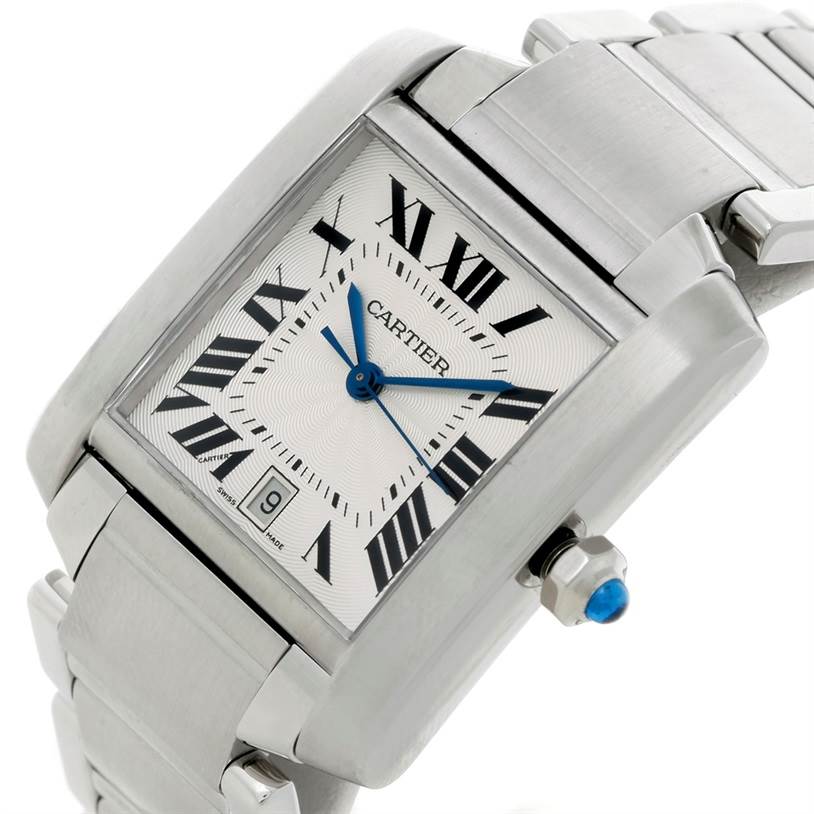 This image shows a Cartier Tank Française watch at a tilted angle, highlighting its face, case, band, and crown details.