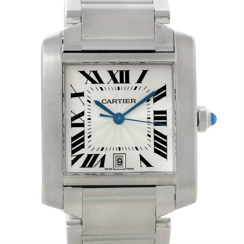 This is a front view image of a Cartier Tank Francaise W51002Q3 Men's Stainless Steel Silver Dial W51002Q3 Men's Stainless Steel Silver Dial watch, showcasing the dial, bracelet, and crown.
