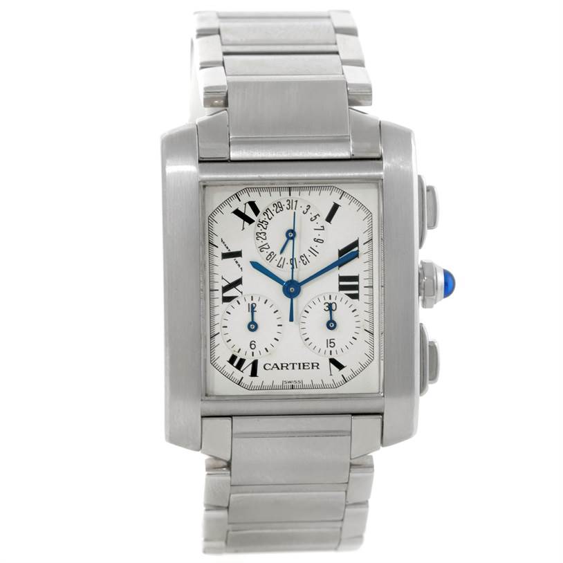 This image shows a frontal view of a Cartier Tank Francaise W51001Q3 Men
s Stainless Steel White Dial W51001Q3 Men
s Stainless Steel White Dial watch displaying its face, markers, and metal bracelet.