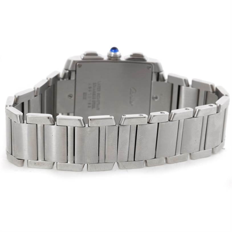 The image shows the back and bracelet of the Cartier Tank Francaise W51001Q3 Men
s Stainless Steel White Dial W51001Q3 Men
s Stainless Steel White Dial watch from a rear angle.