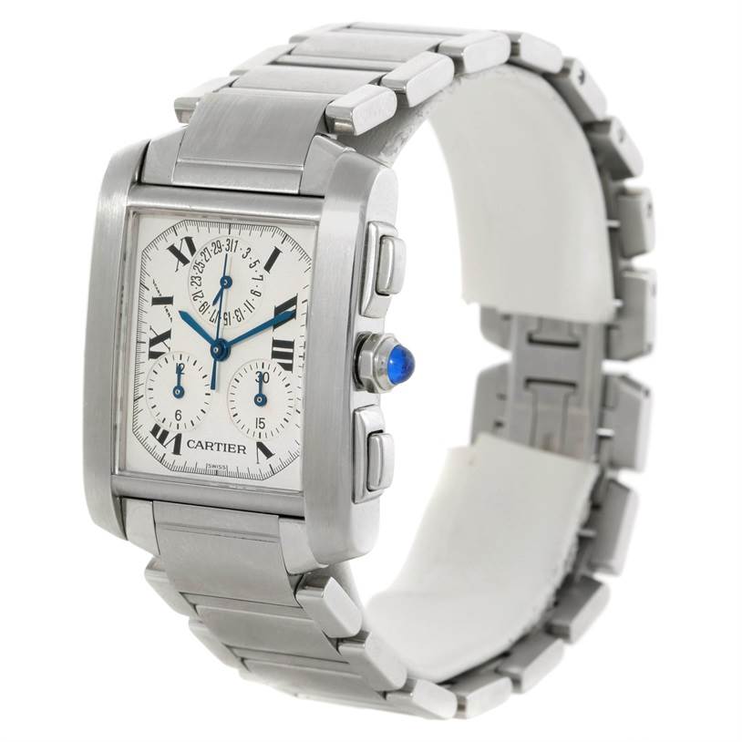 The image shows a Cartier Tank Francaise W51001Q3 Men
s Stainless Steel White Dial W51001Q3 Men
s Stainless Steel White Dial watch, highlighting the front face, side buttons, and bracelet from an angled view.