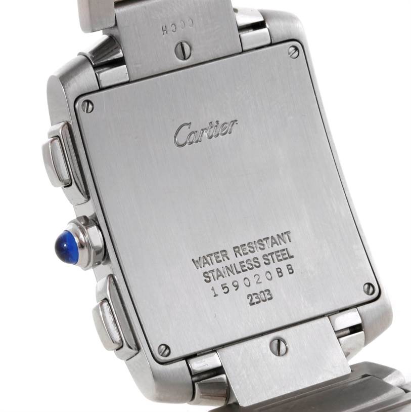 The image shows the back case of a Cartier Tank Francaise W51001Q3 Men
s Stainless Steel White Dial W51001Q3 Men
s Stainless Steel White Dial watch, including the branding and water resistance information.