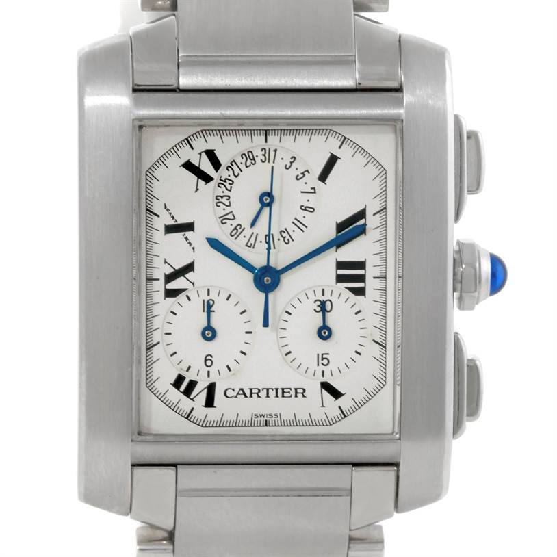 This image shows a frontal view of the Cartier Tank Française watch face, detailing the dial, chronograph subdials, and blue hands.