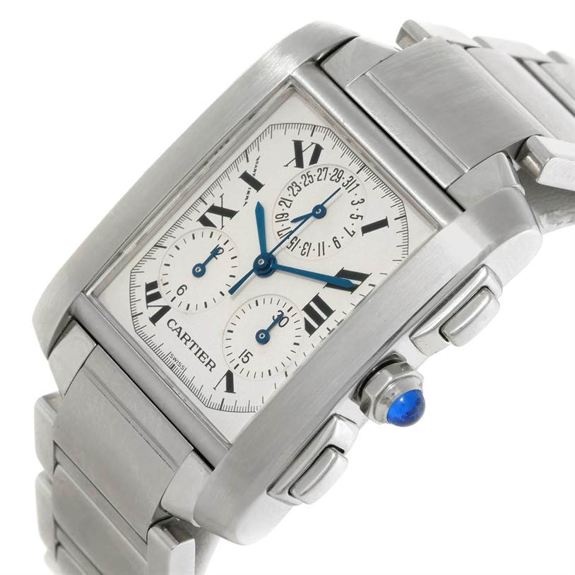 The image shows a Cartier Tank Francaise W51001Q3 Men
s Stainless Steel White Dial W51001Q3 Men
s Stainless Steel White Dial watch at an oblique angle, highlighting the face, blue hands, and stainless steel bracelet.