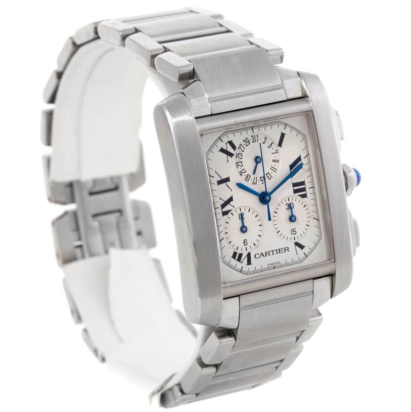 The Cartier Tank Francaise W51001Q3 Men
s Stainless Steel White Dial W51001Q3 Men
s Stainless Steel White Dial watch is shown at a three-quarter angle, displaying its face, bracelet, and side profile with crown and pushers.