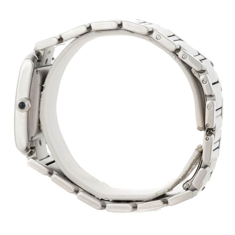 The image shows a side profile of the bracelet and case of the Cartier Tank Française watch.