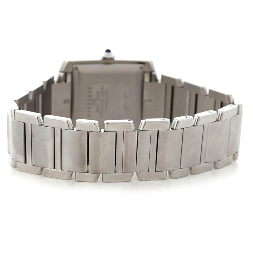 This image shows the back and bracelet of a Cartier Tank Francaise W51002Q3 Stainless Steel Silver Dial W51002Q3 Stainless Steel Silver Dial watch.
