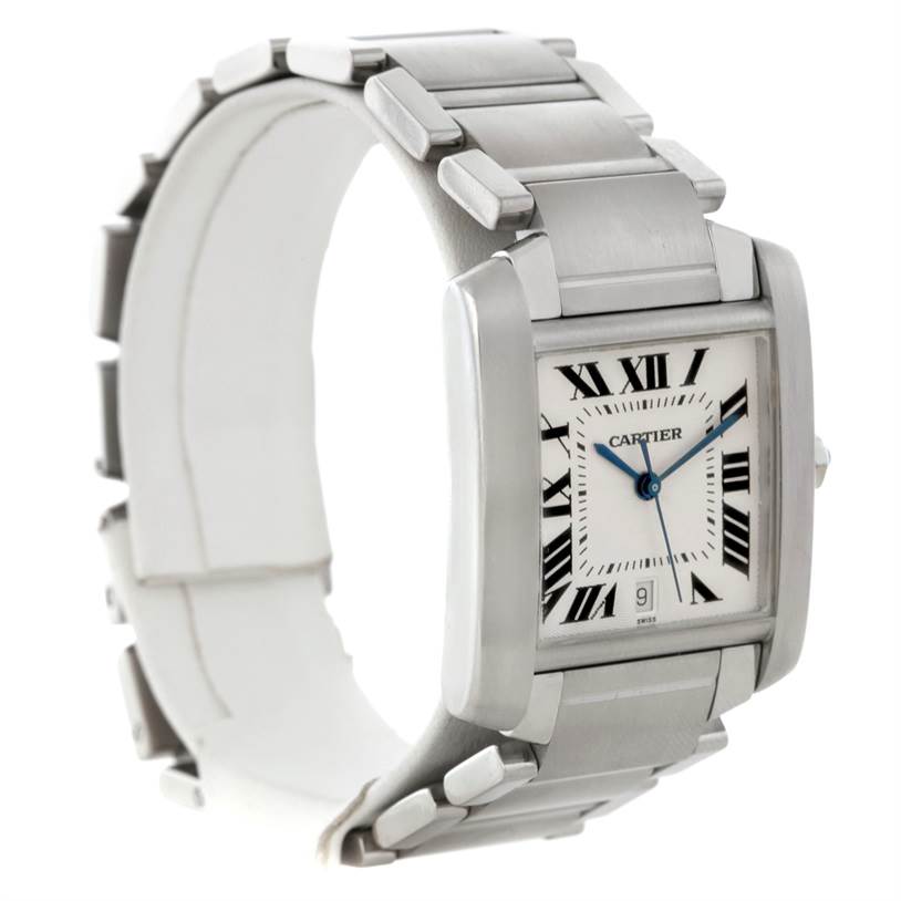 The image shows a side angle of the Cartier Tank Française watch, highlighting its stainless steel band and rectangular dial with Roman numerals.