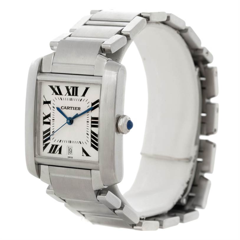 The image shows the face, bezel, crown, and band of the Cartier Tank Française watch, angled slightly from the front and right side.
