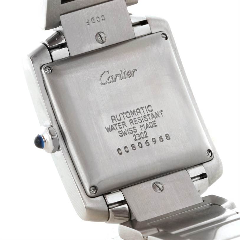 This image shows the back case and part of the bracelet of a Cartier Tank Francaise W51002Q3 Stainless Steel Silver Dial W51002Q3 Stainless Steel Silver Dial watch.