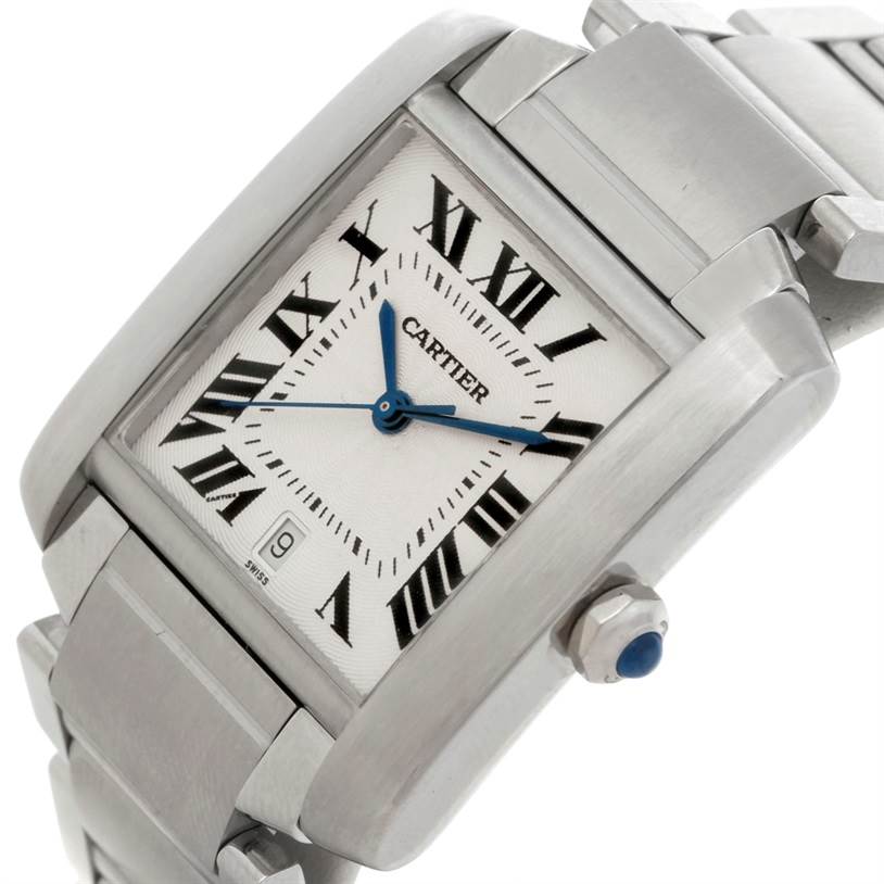 The image shows a close-up angle of a Cartier Tank Francaise W51002Q3 Stainless Steel Silver Dial W51002Q3 Stainless Steel Silver Dial watch, highlighting the face, bezel, crown, and part of the bracelet.