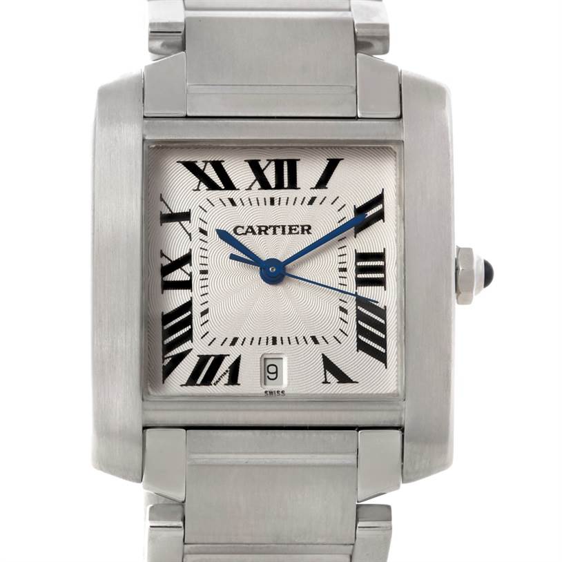 The image shows a close-up of the Cartier Tank Francaise W51002Q3 Stainless Steel Silver Dial W51002Q3 Stainless Steel Silver Dial watch, featuring its stainless steel case, Roman numeral dial, and link bracelet.