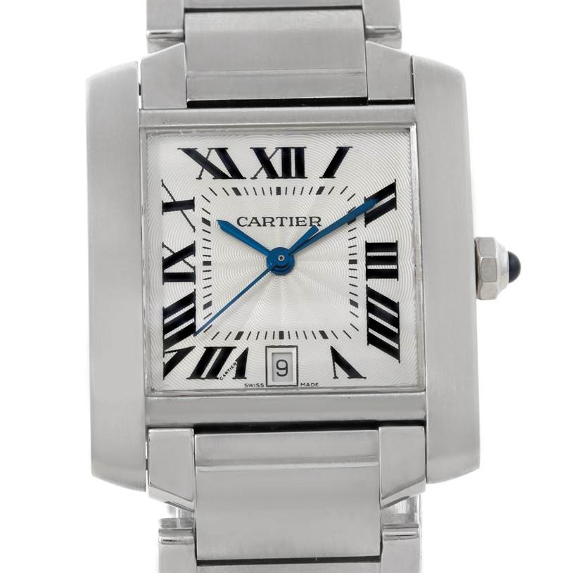 This is a frontal view of a Cartier Tank Francaise W51002Q3 Men's Stainless Steel Silver Dial W51002Q3 Men's Stainless Steel Silver Dial watch, showing the dial, hands, Roman numerals, and part of the bracelet.