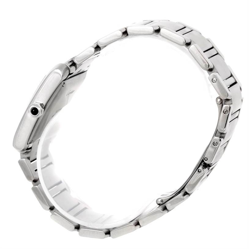 The Cartier Tank Francaise W51002Q3 Men's Stainless Steel Silver Dial W51002Q3 Men's Stainless Steel Silver Dial watch is shown from a side angle, highlighting its bracelet and crown.