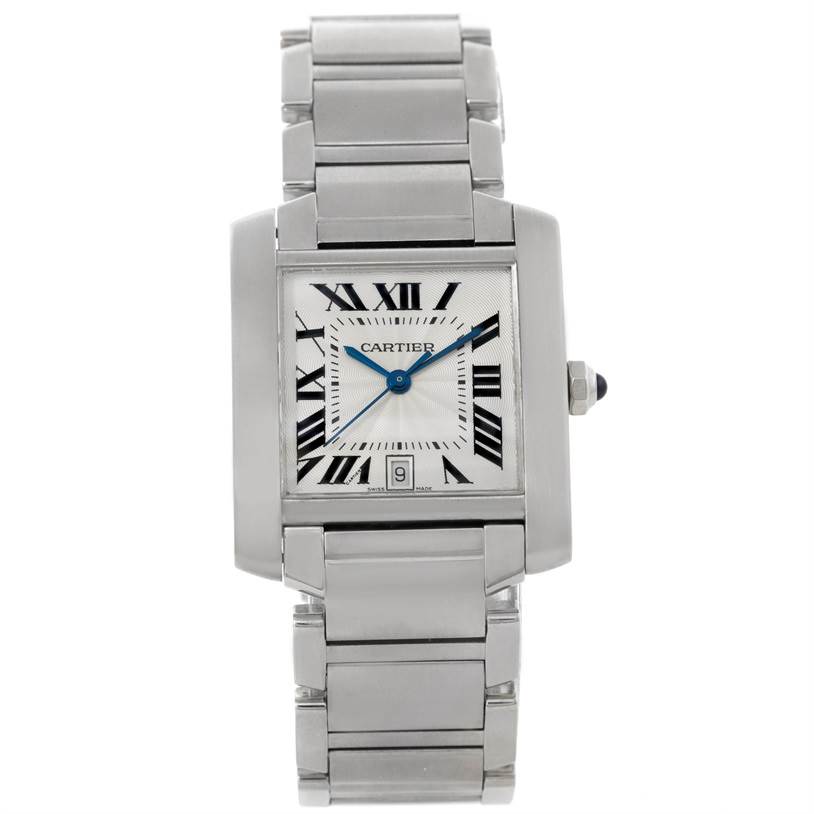 The image shows a front view of the Cartier Tank Francaise W51002Q3 Men's Stainless Steel Silver Dial W51002Q3 Men's Stainless Steel Silver Dial watch, displaying the face, bracelet, and crown.