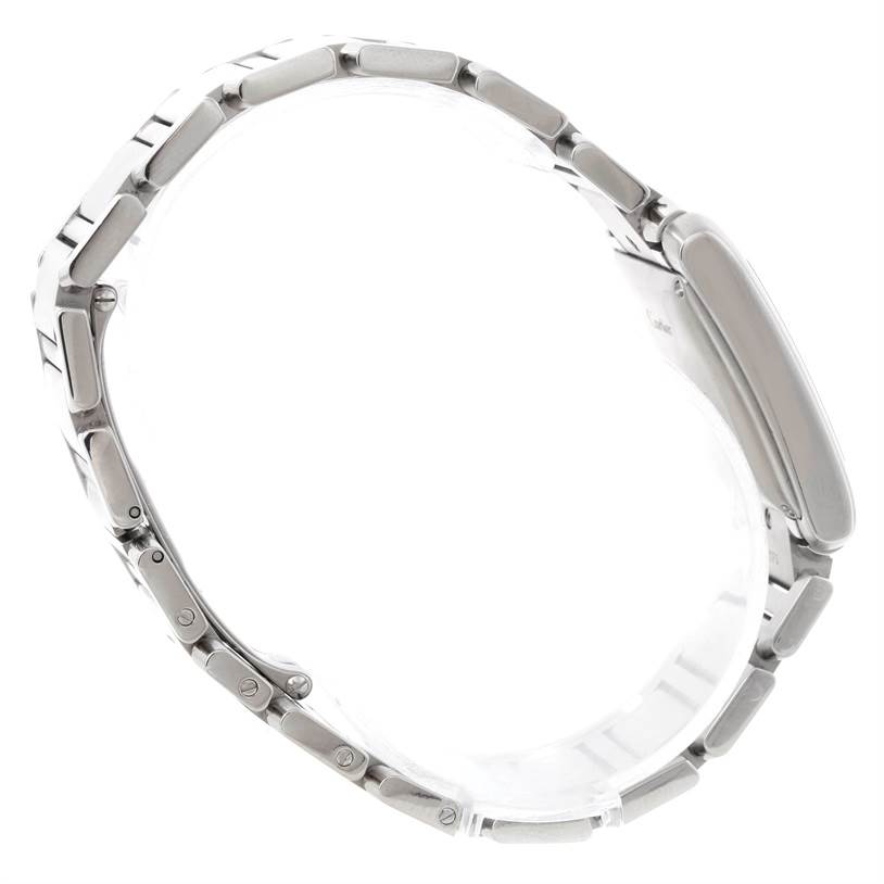 This image shows a side view of the Cartier Tank Francaise W51002Q3 Men's Stainless Steel Silver Dial W51002Q3 Men's Stainless Steel Silver Dial watch, highlighting its metal bracelet and clasp.