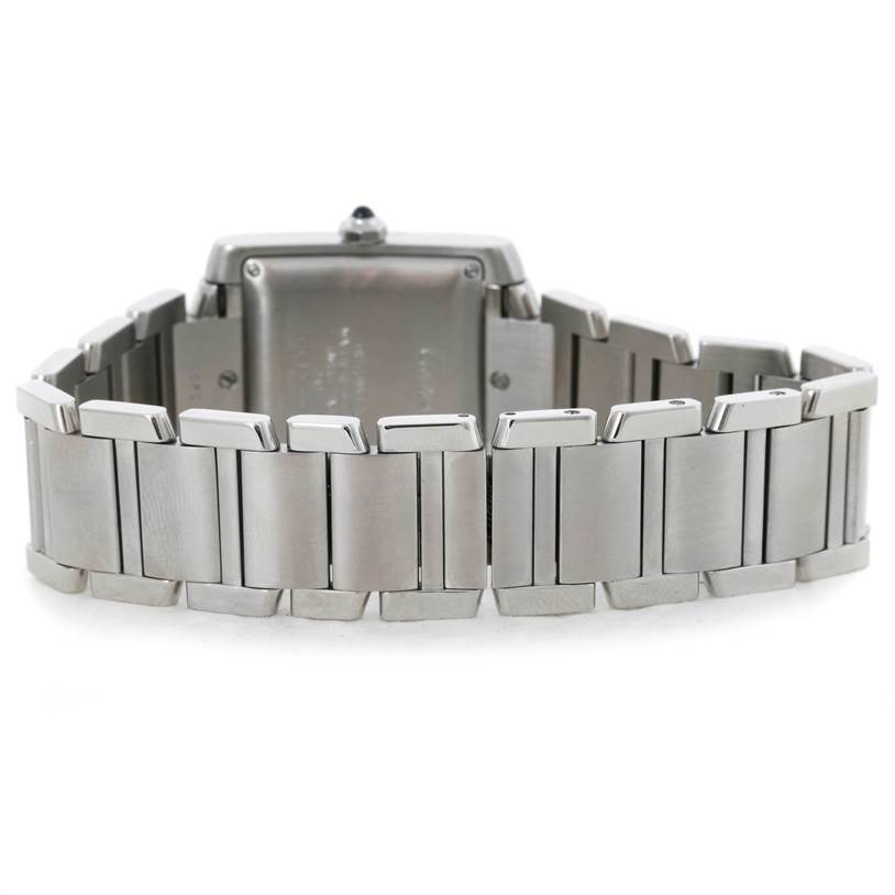 The image shows the back view of the Cartier Tank Francaise W51002Q3 Men's Stainless Steel Silver Dial W51002Q3 Men's Stainless Steel Silver Dial watch highlighting its metal bracelet and case back.