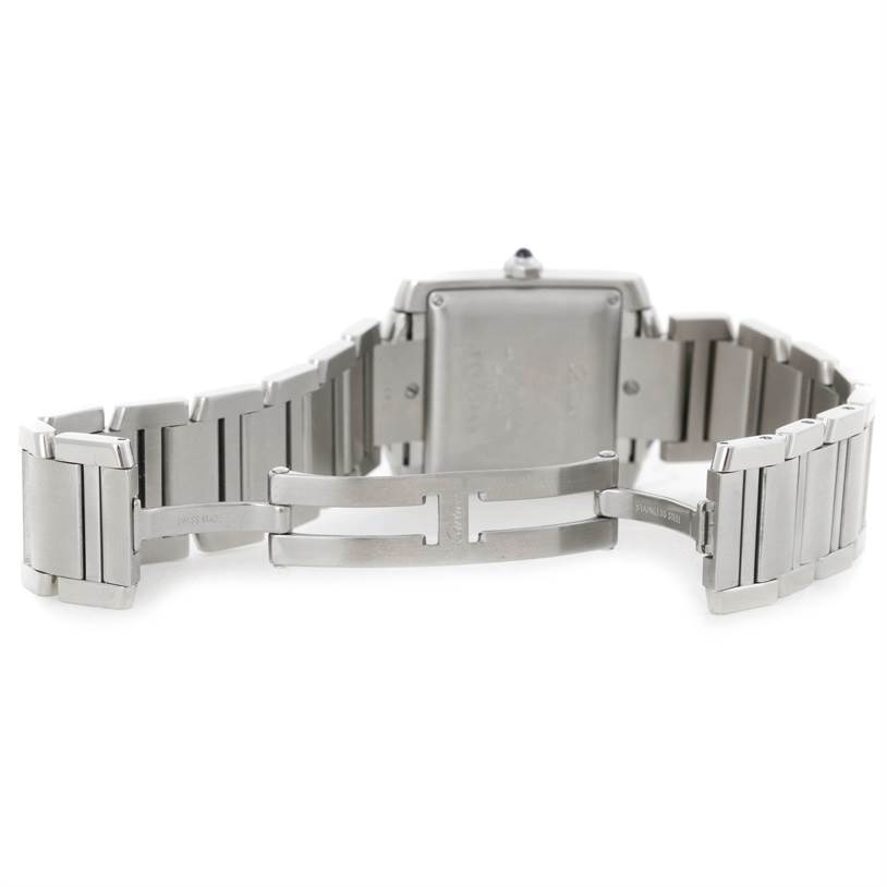 The image shows the open clasp and stainless steel bracelet from the back of a Cartier Tank Francaise W51002Q3 Men's Stainless Steel Silver Dial W51002Q3 Men's Stainless Steel Silver Dial watch.