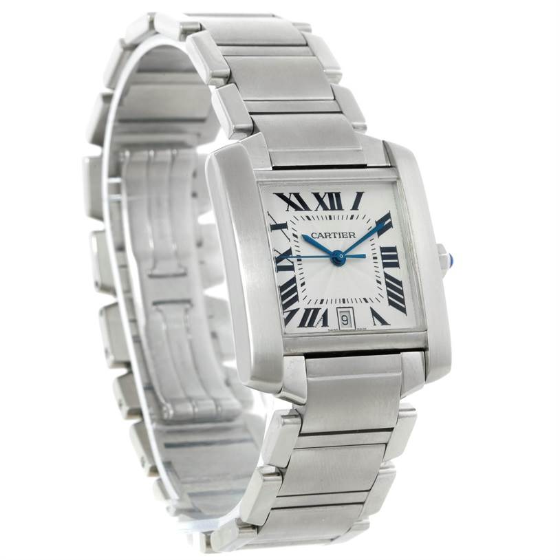 This image shows the Cartier Tank Francaise W51002Q3 Men's Stainless Steel Silver Dial W51002Q3 Men's Stainless Steel Silver Dial watch at a front angle, displaying its face, bracelet, and clasp.
