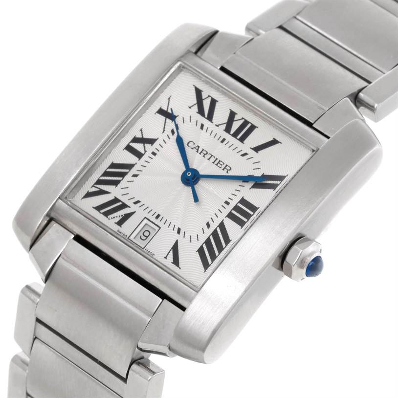 The Cartier Tank Francaise W51002Q3 Men's Stainless Steel Silver Dial W51002Q3 Men's Stainless Steel Silver Dial watch is shown at a front angle highlighting the face, blue hands, date window, and stainless steel bracelet.
