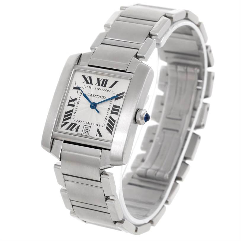 The Cartier Tank Francaise W51002Q3 Men's Stainless Steel Silver Dial W51002Q3 Men's Stainless Steel Silver Dial watch is shown at an angle highlighting its face, bracelet, and side crown.