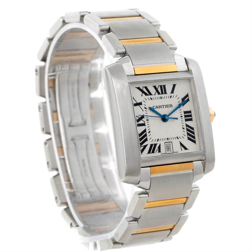 The Cartier Tank Francaise W51005Q4 Steel and Gold (two tone) Silver Dial W51005Q4 Steel and Gold (two tone) Silver Dial watch is shown at a slight angle, revealing its face, bezel, and bracelet.