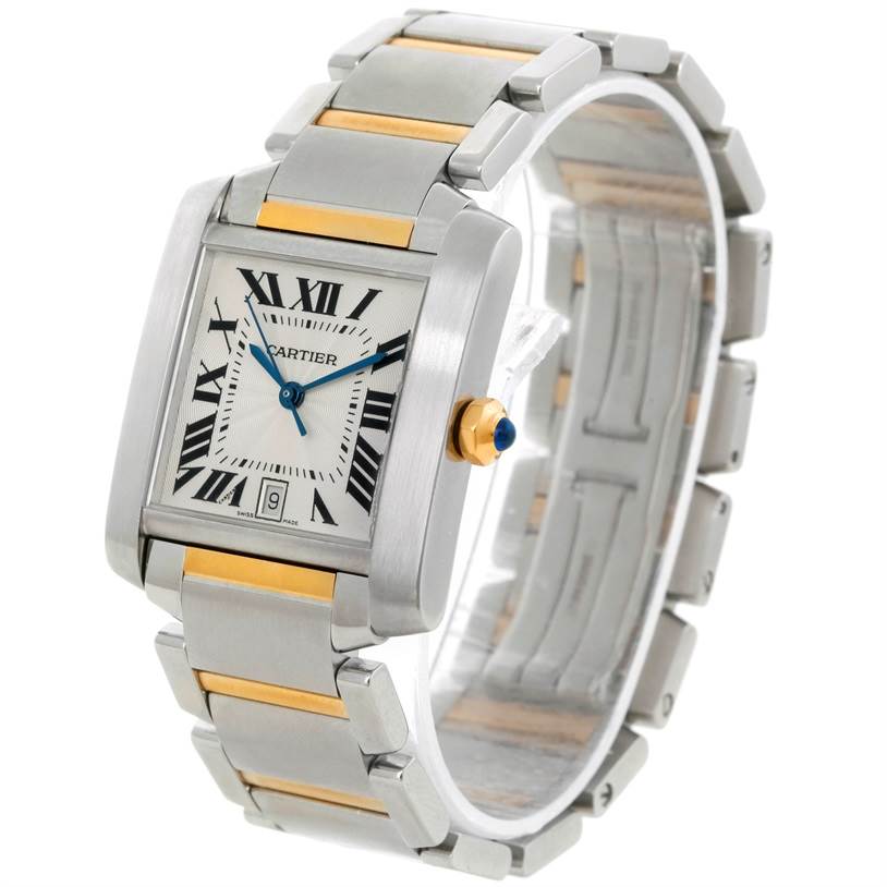 The image shows a Cartier Tank Francaise W51005Q4 Steel and Gold (two tone) Silver Dial W51005Q4 Steel and Gold (two tone) Silver Dial watch at a slightly angled view, highlighting its face, bracelet, and crown detail.