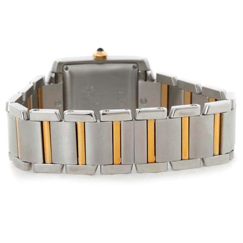 This image shows the back and bracelet of the Cartier Tank Francaise W51005Q4 Steel and Gold (two tone) Silver Dial W51005Q4 Steel and Gold (two tone) Silver Dial watch, highlighting the two-tone metal links.