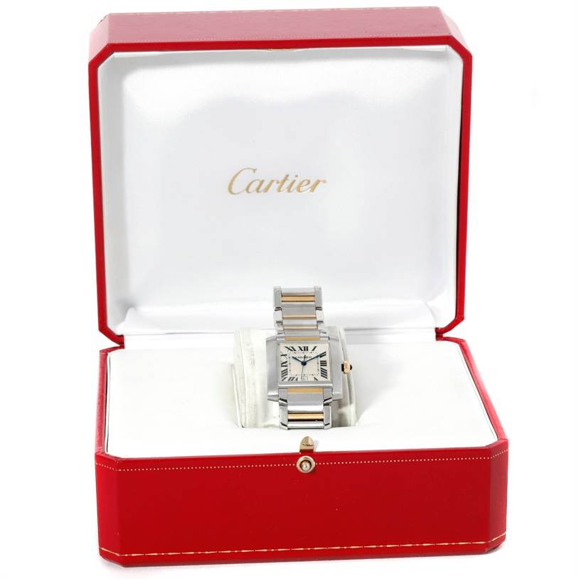 The Cartier Tank Francaise W51005Q4 Steel and Gold (two tone) Silver Dial W51005Q4 Steel and Gold (two tone) Silver Dial watch is shown front-facing in an open Cartier box.