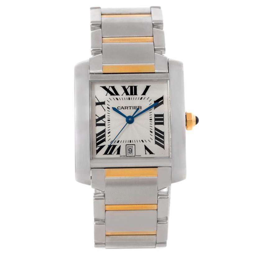 This image shows a Cartier Tank Francaise W51005Q4 Steel and Gold (two tone) Silver Dial W51005Q4 Steel and Gold (two tone) Silver Dial watch from a straight-on angle, highlighting the face, bracelet, and dial.