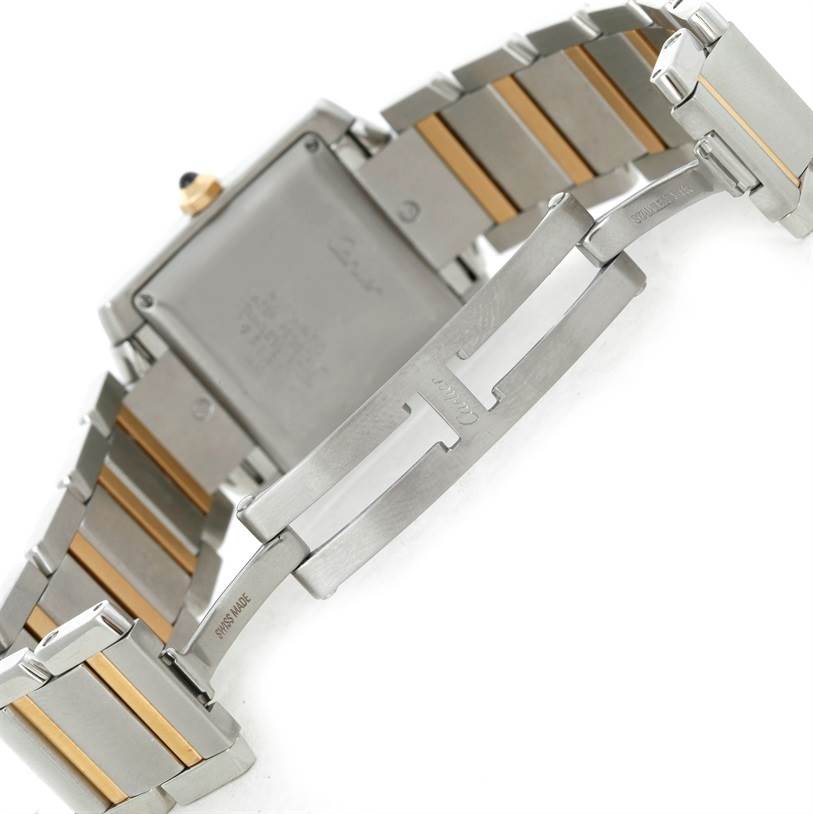 This image shows the back and bracelet of a Cartier Tank Francaise W51005Q4 Steel and Gold (two tone) Silver Dial W51005Q4 Steel and Gold (two tone) Silver Dial watch.