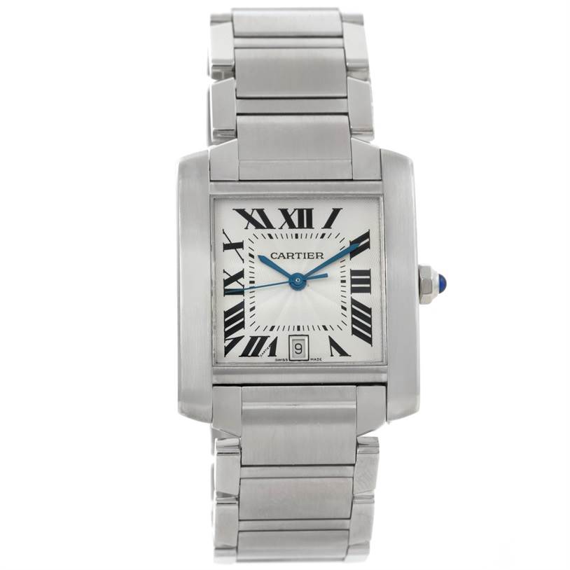 The image shows a Cartier Tank Francaise W51002Q3 Stainless Steel Silver Dial W51002Q3 Stainless Steel Silver Dial watch from a top-down angle, displaying its face, bracelet, and crown.