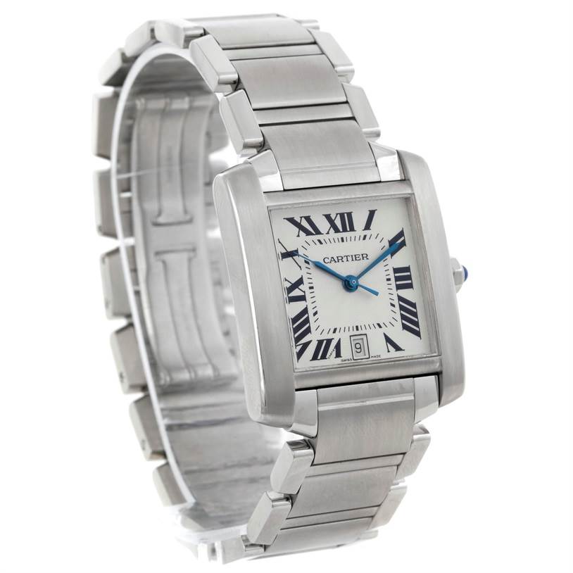 The Cartier Tank Française watch is shown at a three-quarter angle, displaying the bracelet, rectangular face, and crown.