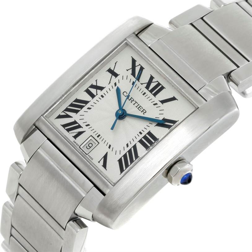 The image shows a close-up of a Cartier Tank Francaise W51002Q3 Stainless Steel Silver Dial W51002Q3 Stainless Steel Silver Dial watch, focusing on its face, Roman numerals, and bracelet.